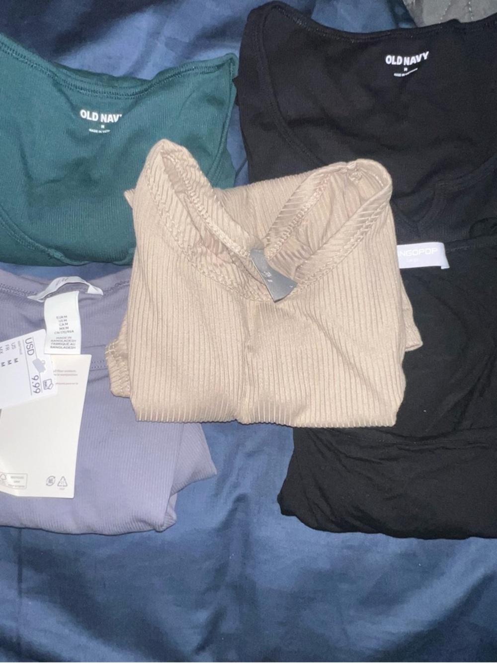 Short Sleeve Tops Bundle - Beige, 2 Black, Green, Dusty Blue